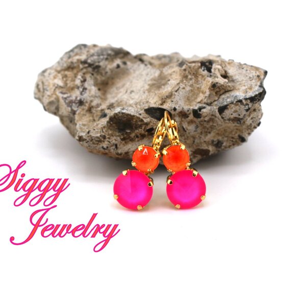 Neon Blaze 12mm Hot Pink and 8mm Orange Double Drop Lever Back Earrings - Picture 6 of 7